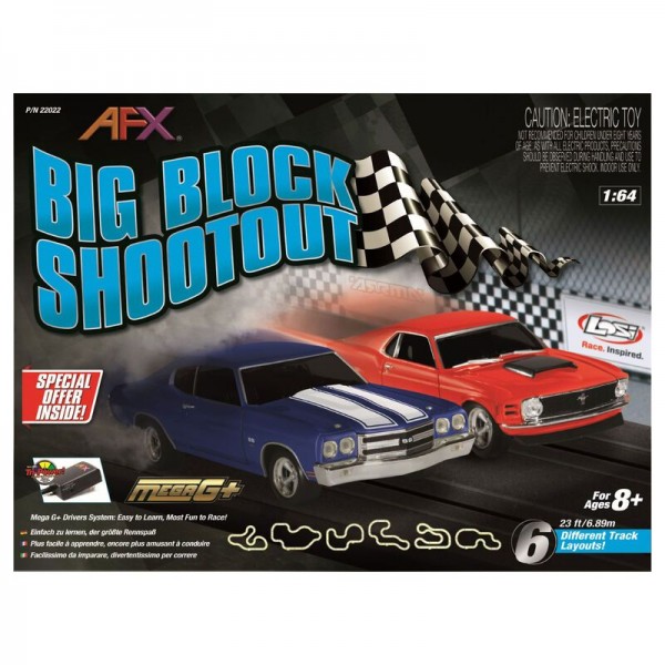 AFX Big Block Shootout, 23' Track, 1/64 Chevrolet Chevelle vs Ford Mustang, Mega G+
