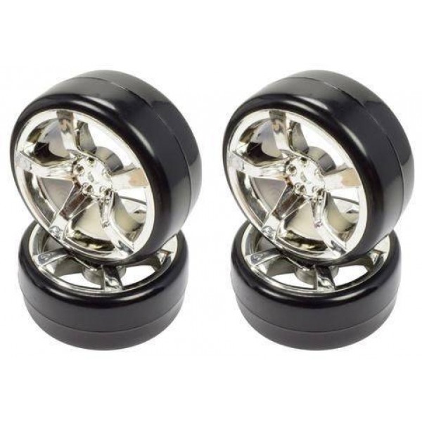 Apex RC 1/10 On-road Chrome 5 Spoke Wheels & Drift Tire Set (4)