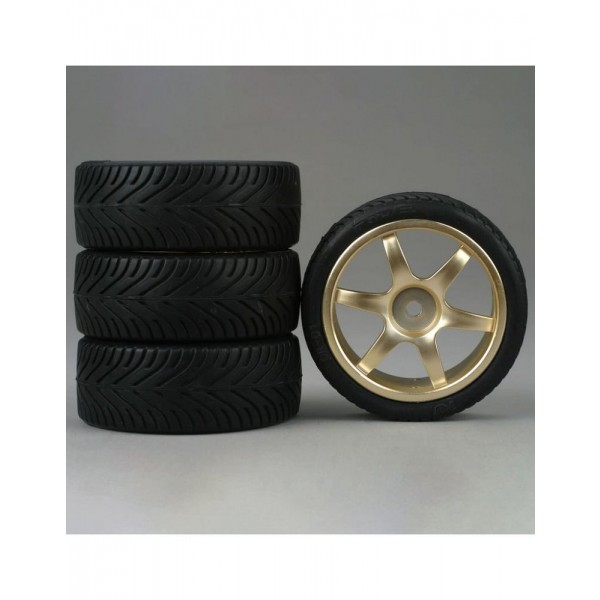 Duratrax Front/Rear Premounted 1/10 6-Spoke Gold 12mm Wheels, Radial (4)