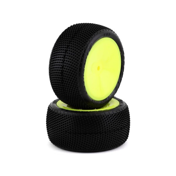 JConcepts Fuzz Bite LP 2.2" Mounted Rear Buggy Pink Compound Carpet Tires, Yellow with 12mm Hex (2)