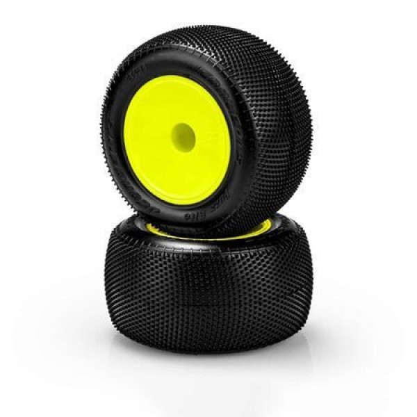 JConcepts 1/10 Fuzz Bite 2.2” Pre-Mounted Stadium Truck Tires, Yellow Wheels, Pink Compound (2)