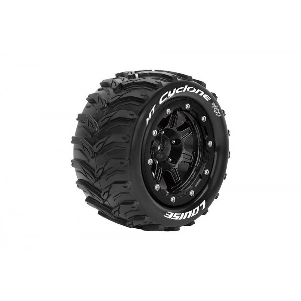 Louise RC MFT MT-Cyclone 1/10 Monster Truck Tires, 1/2" Offset, 17mm Hex, Soft, Mounted on Black Rim (2)
