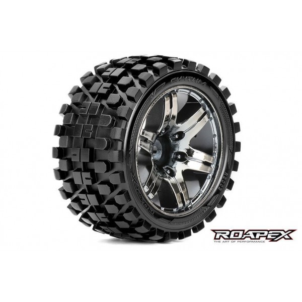 Roapex Mounted Rhythm 1/10 Stadium Truck Tires, Chrome Black Wheels, 1/2 Offset (2)