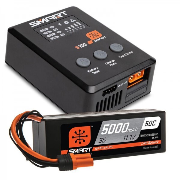 Spektrum Smart Powerstage Surface Lipo Battery (5000mAh/3S/50C) and Charger (100W/S100) Bundle