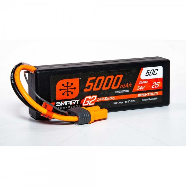 Spektrum 5000mAh 2S 7.4V Smart G2 Lipo 50C Hard Case with IC5 Connector ...