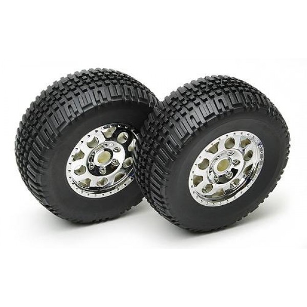 Team Associated SC10 Mounted Tires and Wheels, Chrome (non-hex) (2)