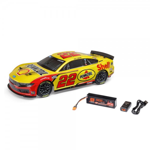 Team Losi 1/12 NASCAR RC Racecar Joey Logano No. 22 2025 Shell-Pennzoil Ford Mustang 2S AWD RTR Brushed On-Road (Battery & Charger Included), Yellow