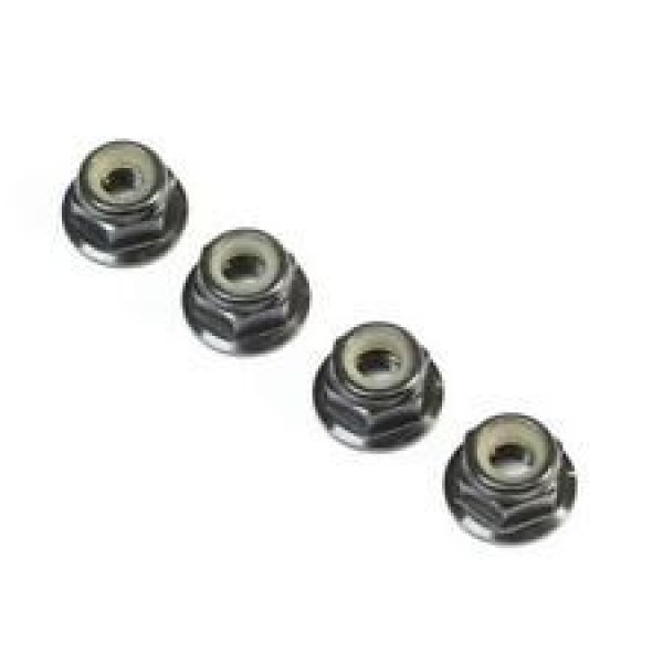 Team Losi Racing Black Aluminum Flanged Locknuts, M4x 0.7x7mm (4)