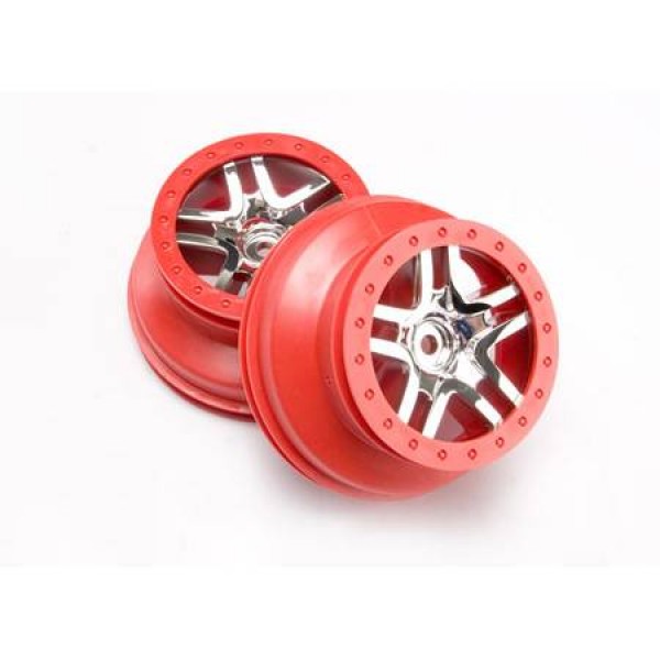 Traxxas 2.2/3.0" Beadlock Wheels, SCT Split-Spoke, Chrome, Red (2)
