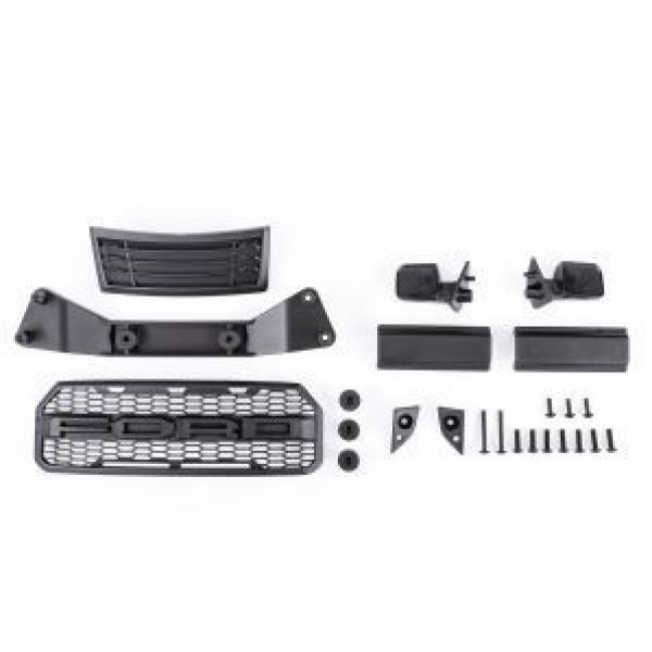 Traxxas Grille/ grille mount/ mirrors, side (left & right)/ mirror mounts (left & right)/ body mount adapter/ rear latch retainers