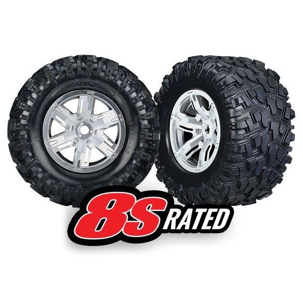 Traxxas Tires & wheels, Mounted, satin chrome wheels, Maxx AT tires (2)