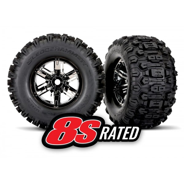 Traxxas Left/Right Sledgehammer Tires & X-Maxx Black Chrome Wheels, Assembled (2)