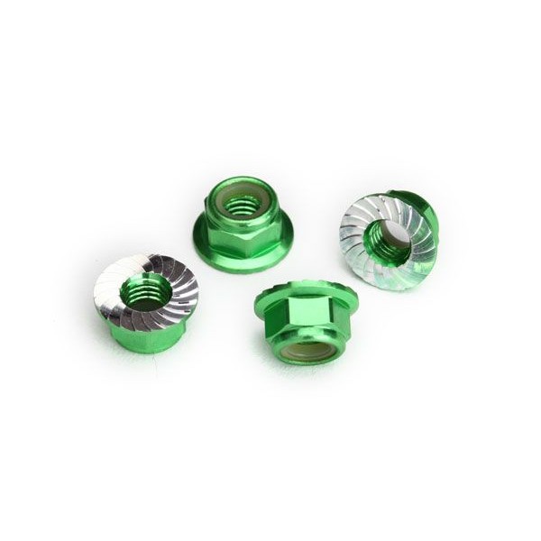 Traxxas Nuts, 5mm flanged nylon locking (aluminum, green-anodized, serrated) (4)