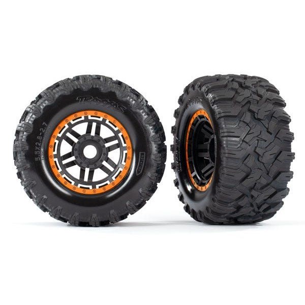 Traxxas Maxx Mounted Tires with orange beadlock style wheels, TSM Rated (2)