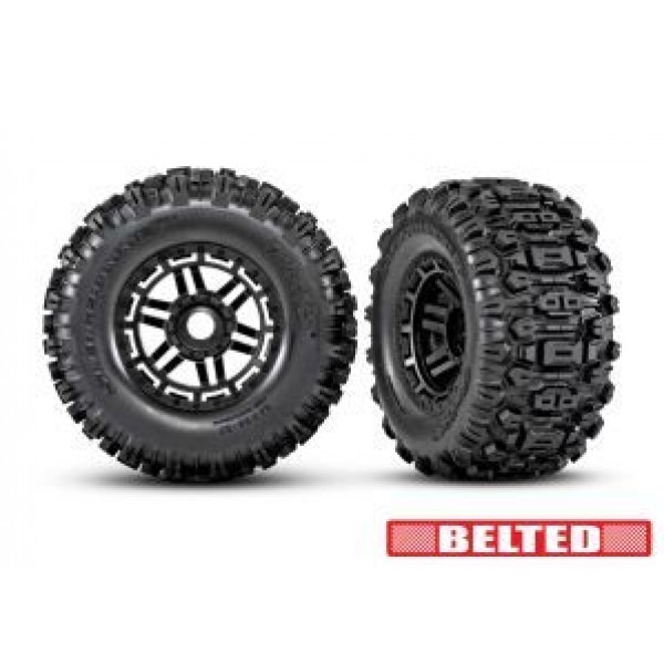 Traxxas black wheels, belted Sledgehammer All-Terrain tires, dual profile 