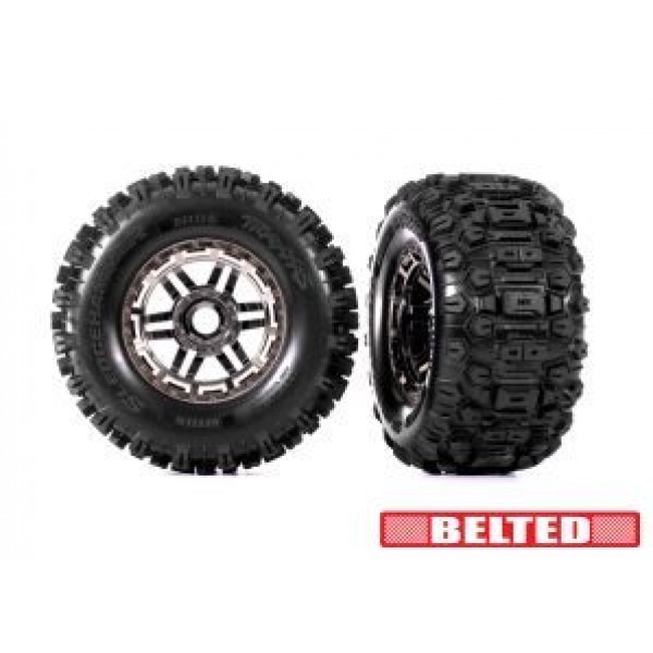 Traxxas black chrome wheels, belted Sledgehammer All-Terrain tires, dual profile