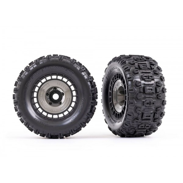 Traxxas Tires & wheels, assembled, glued (3.8" black wheels, gray wheel covers, Sledgehammer tires, foam inserts) (2)