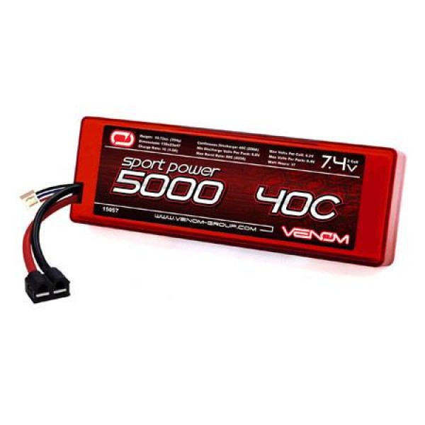 Venom LiPo Hard Battery 5000mAh 40C 7.4V (2S) with Deans, EC3, Traxxas, and XT60 Connector
